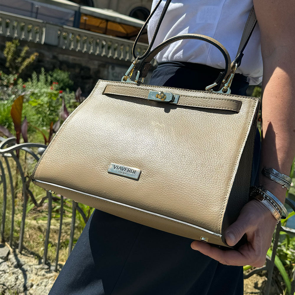 Borsa a Mano in Pelle Marrone con Tracolla VIAVERDI Made in Italy