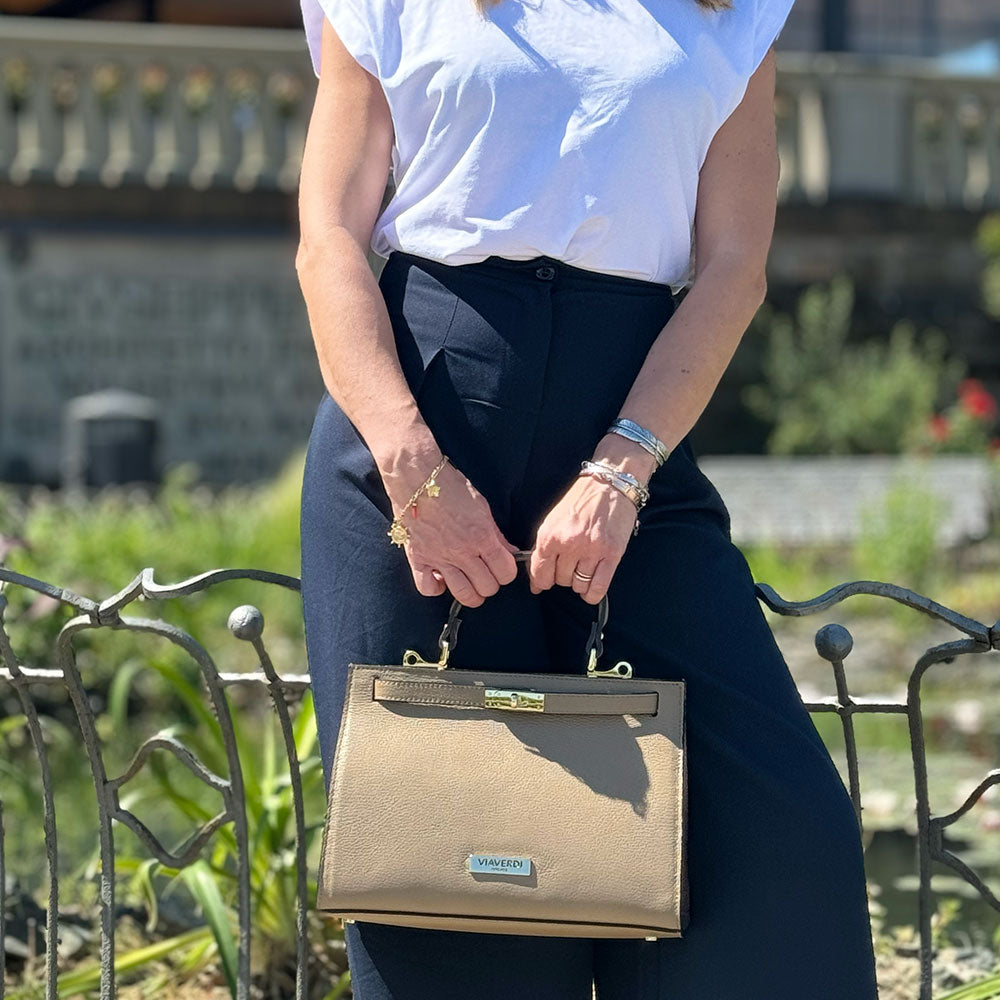 Borsa a Mano in Pelle Marrone con Tracolla VIAVERDI Made in Italy