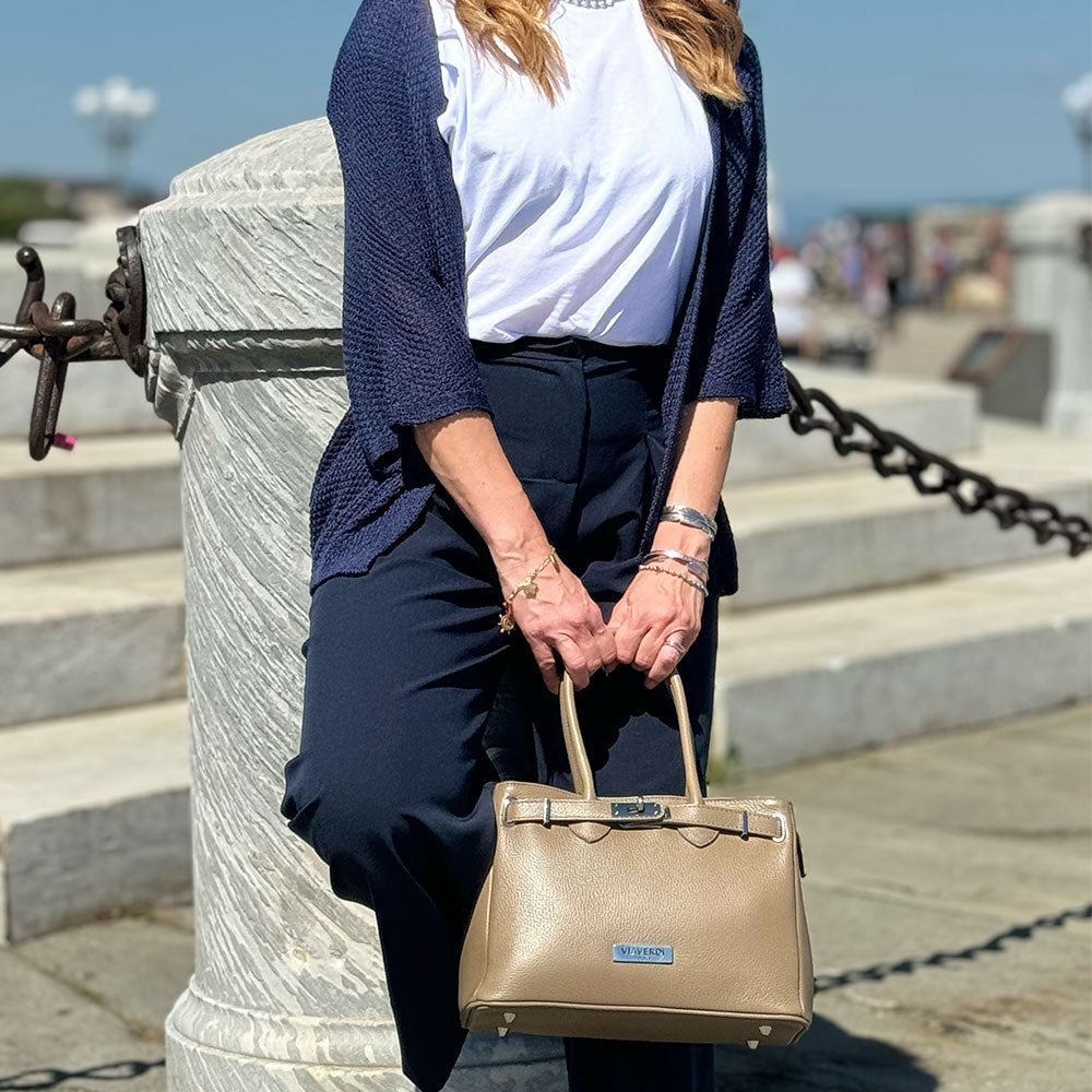 Borsa Donna a Mano con Tracolla VIAVERDI in Pelle Fango Made in Italy