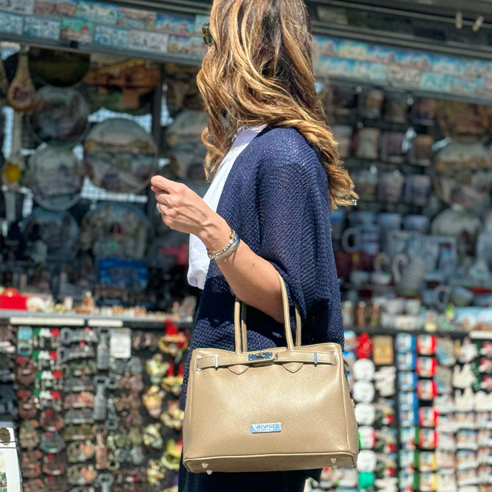 Borsa Donna a Mano con Tracolla VIAVERDI in Pelle Blu Made in Italy