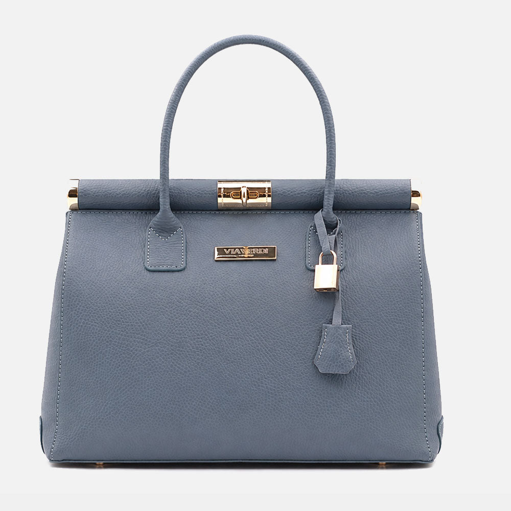 Handbag with Shoulder Strap ViaVerdi in Slate Blue Leather Made in Italy – Line Barga