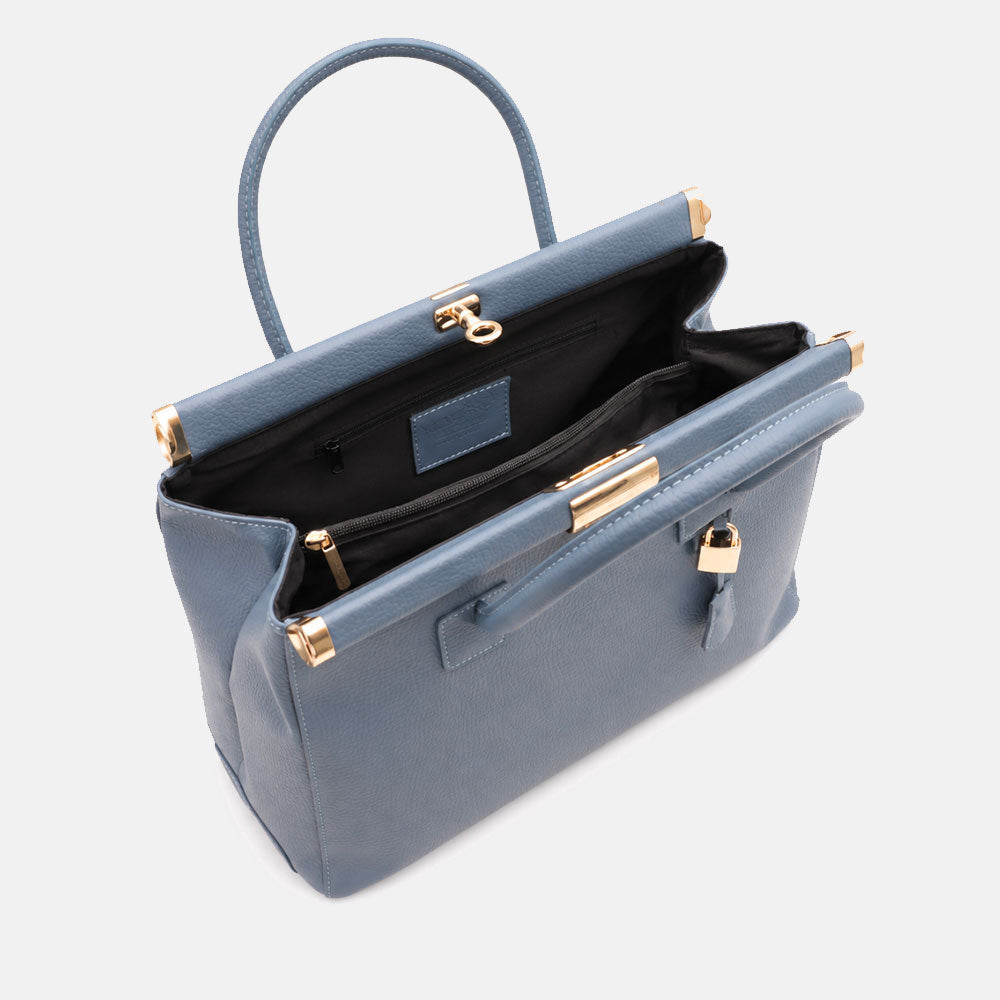 Bolso de mano de piel azul grisáceo con bandolera ViaVerdi, Made in Italy – línea Barga