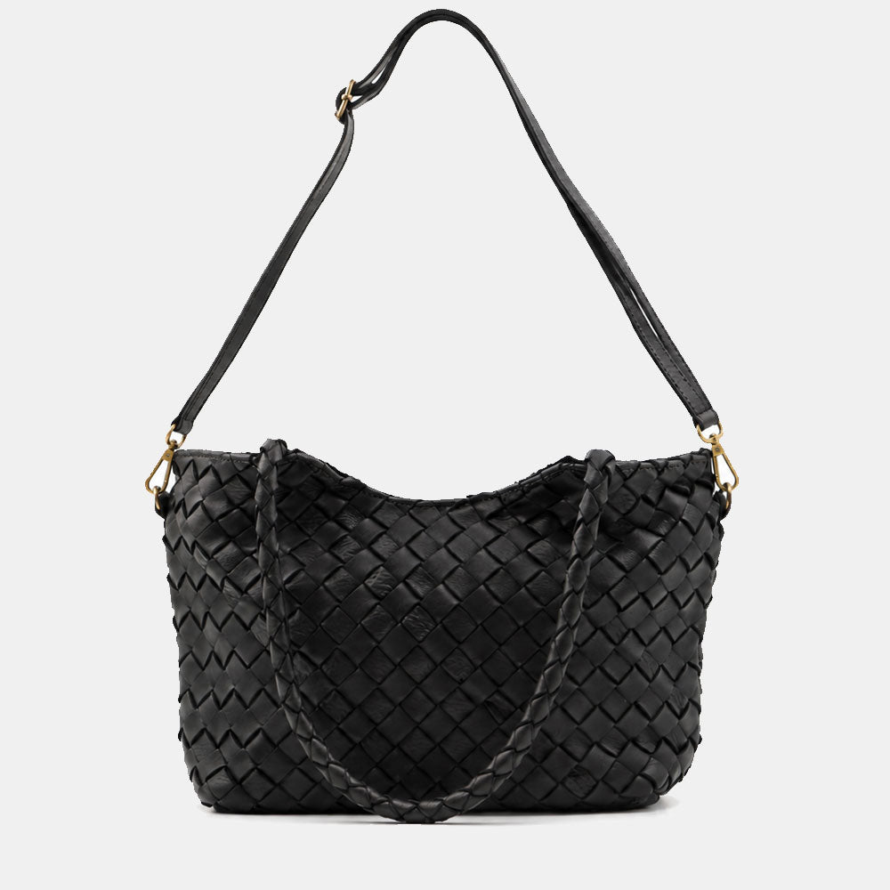 Borsa a Spalla VIAVERDI in Pelle Intrecciata Nera Made in Italy linea Tuscany