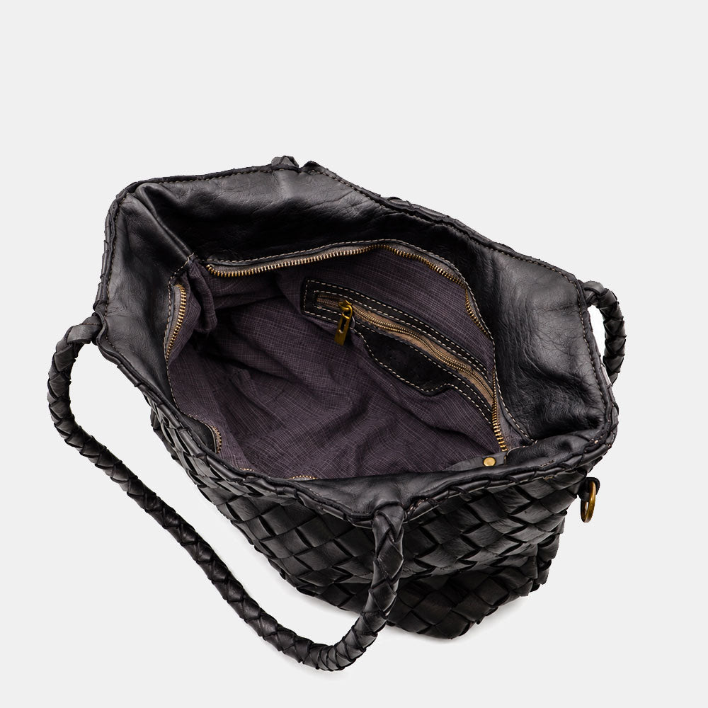 Borsa a Spalla VIAVERDI in Pelle Intrecciata Nera Made in Italy linea Tuscany