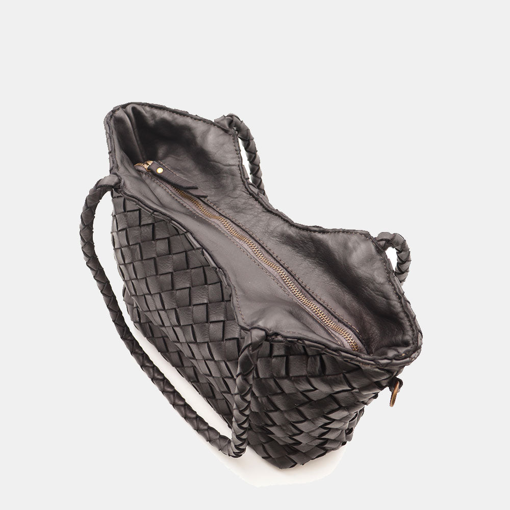 Borsa a Spalla VIAVERDI in Pelle Intrecciata Nera Made in Italy linea Tuscany