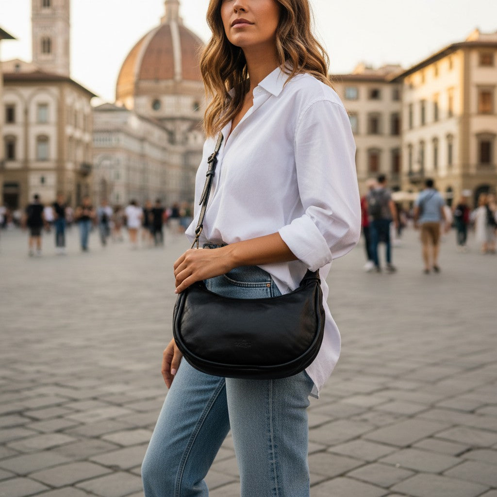 Borsa a Spalla VIAVERDI in Pelle Nera Made in Italy linea Tuscany
