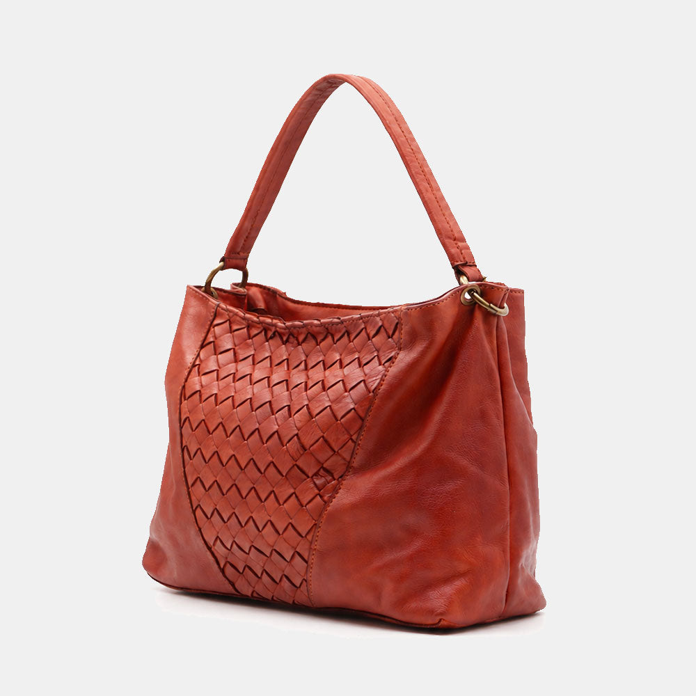 Borsa a Spalla VIAVERDI in Pelle color Cuoio con Intreccio Made in Italy linea Tuscany