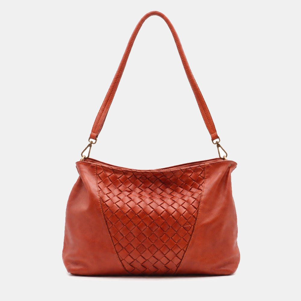 Borsa a Spalla VIAVERDI in Pelle color Cuoio con Intreccio Made in Italy linea Tuscany