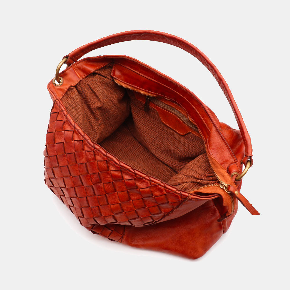 Borsa a Spalla VIAVERDI in Pelle color Cuoio con Intreccio Made in Italy linea Tuscany