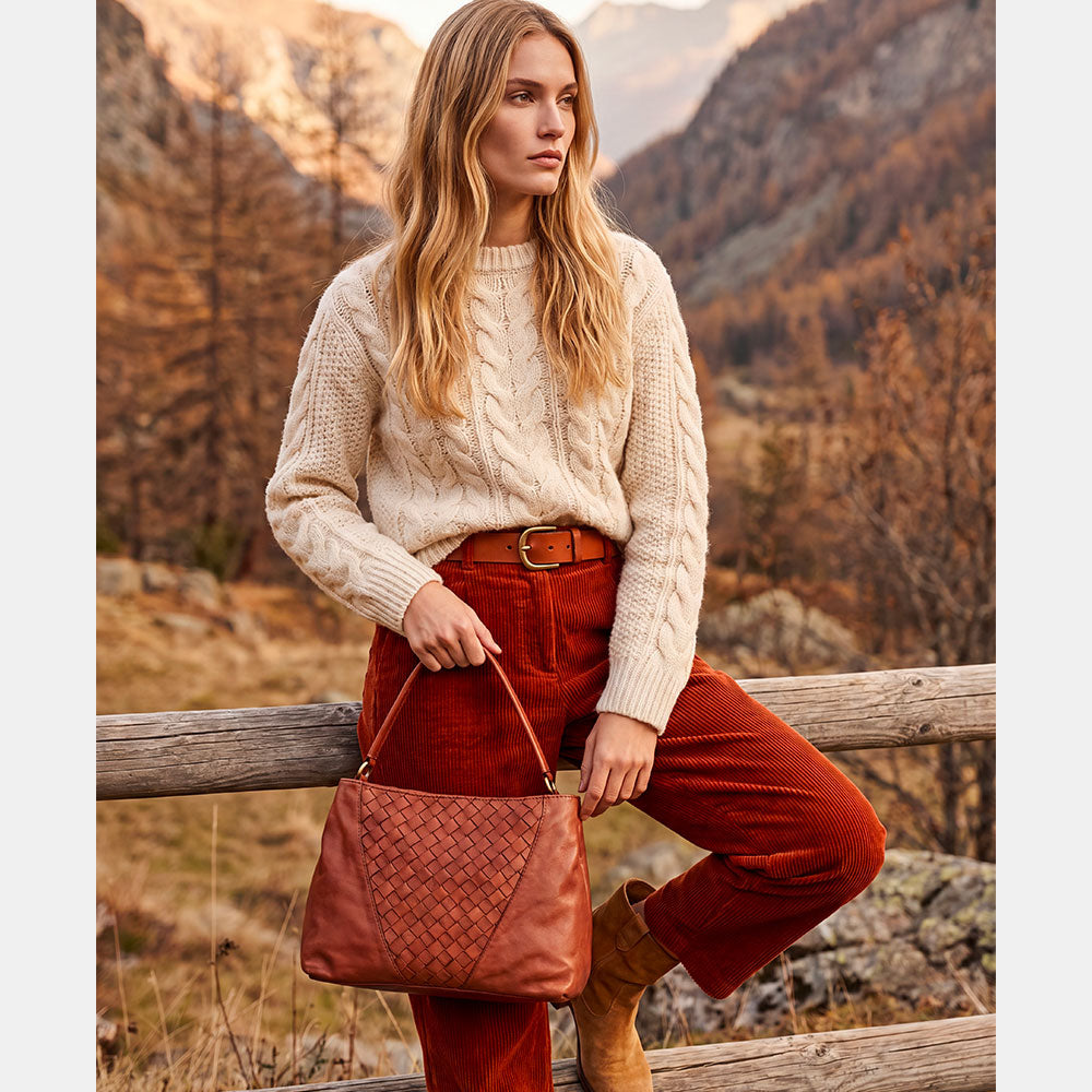 ViaVerdi Shoulder Bag in Brown Washed Leather with Woven Detail Made in Italy – Tuscany Line