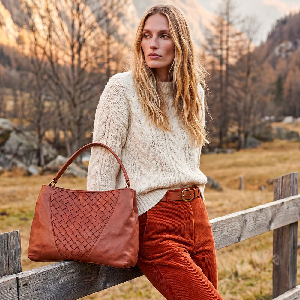ViaVerdi Shoulder Bag in Brown Washed Leather with Woven Detail Made in Italy – Tuscany Line
