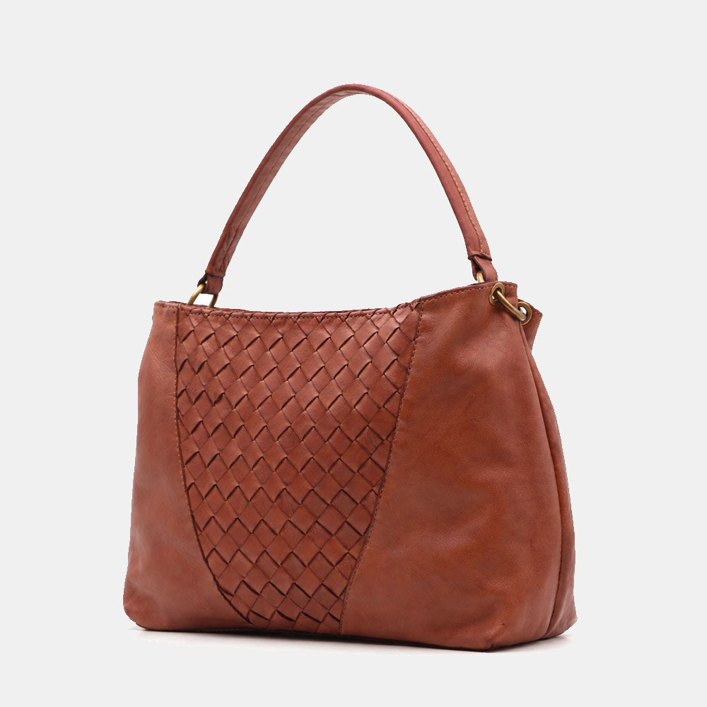 Borsa a Spalla VIAVERDI in Pelle Marrone con Intreccio Made in Italy linea Tuscany