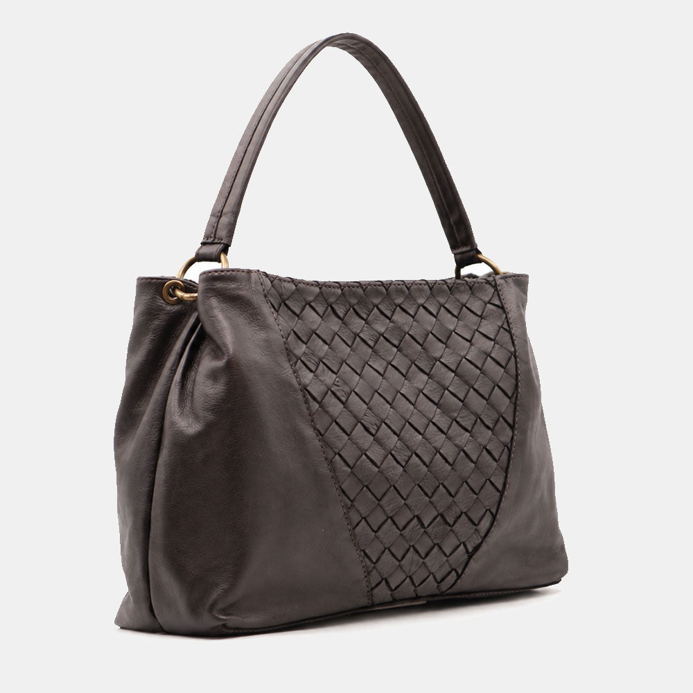 Borsa a Spalla VIAVERDI in Pelle Nera con Intreccio Made in Italy linea Tuscany
