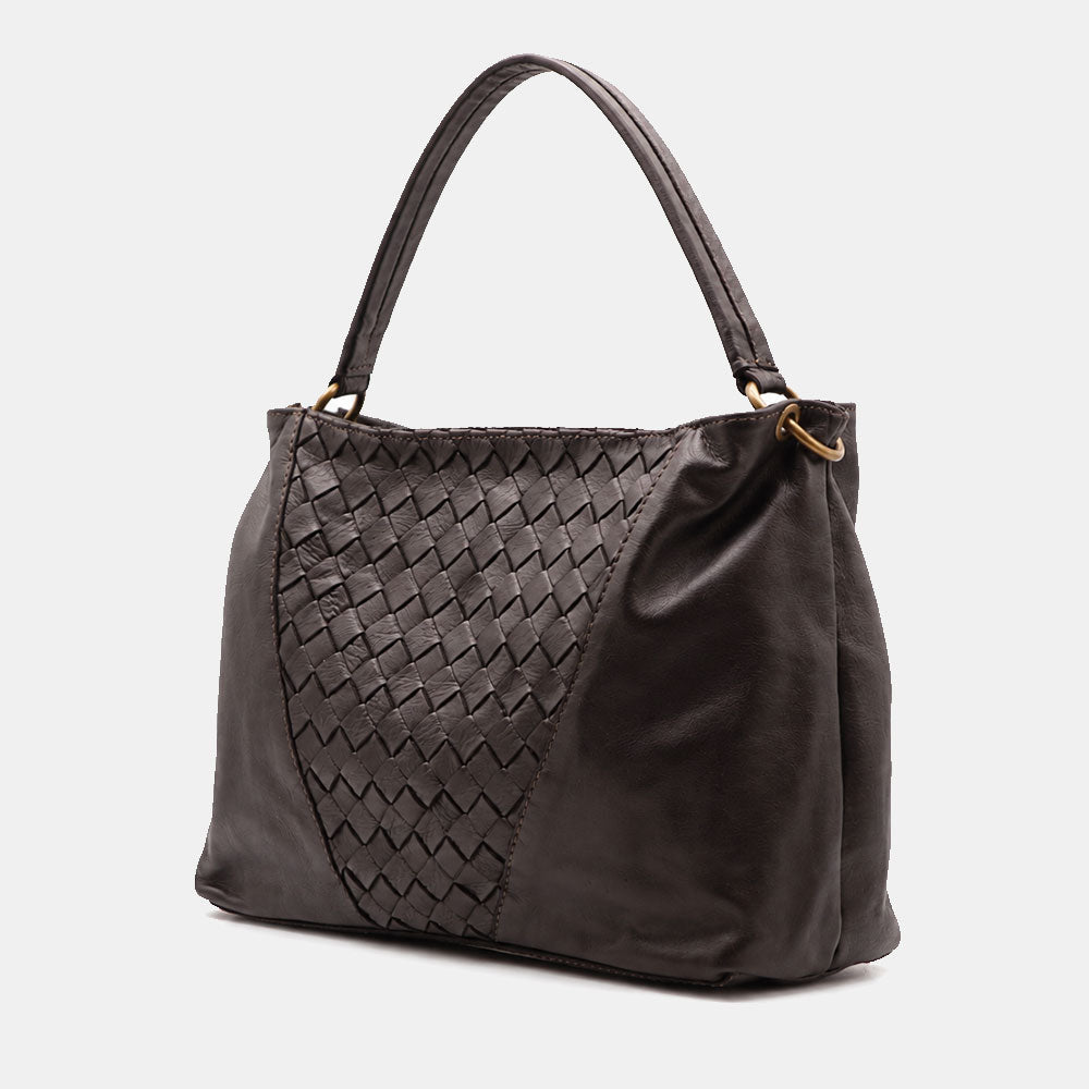 Borsa a Spalla VIAVERDI in Pelle Nera con Intreccio Made in Italy linea Tuscany