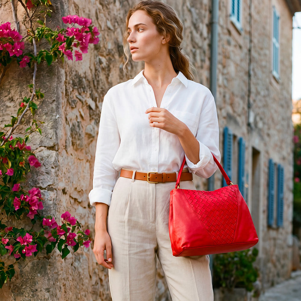 Borsa a Spalla VIAVERDI in Pelle Rossa con Intreccio Made in Italy linea Tuscany