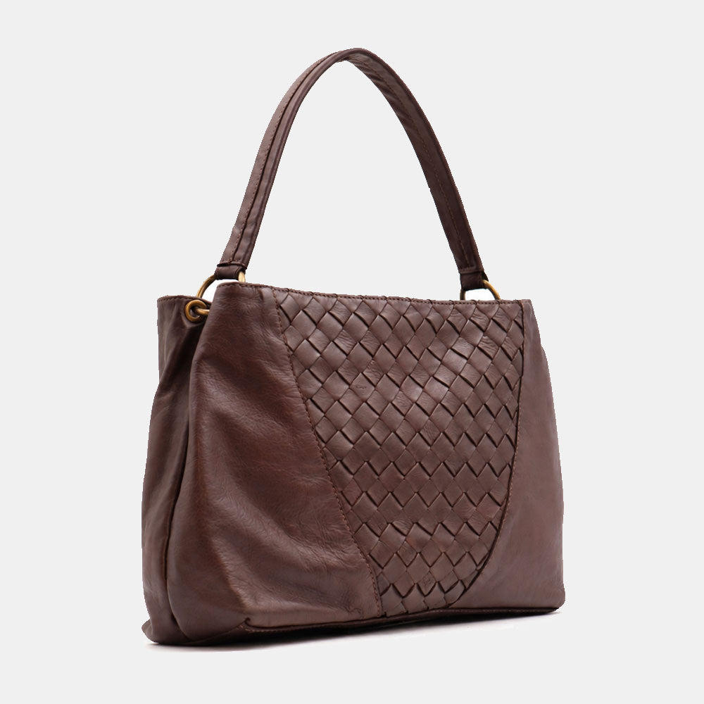 Borsa a Spalla VIAVERDI in Pelle Marrone Scuro con Intreccio Made in Italy linea Tuscany