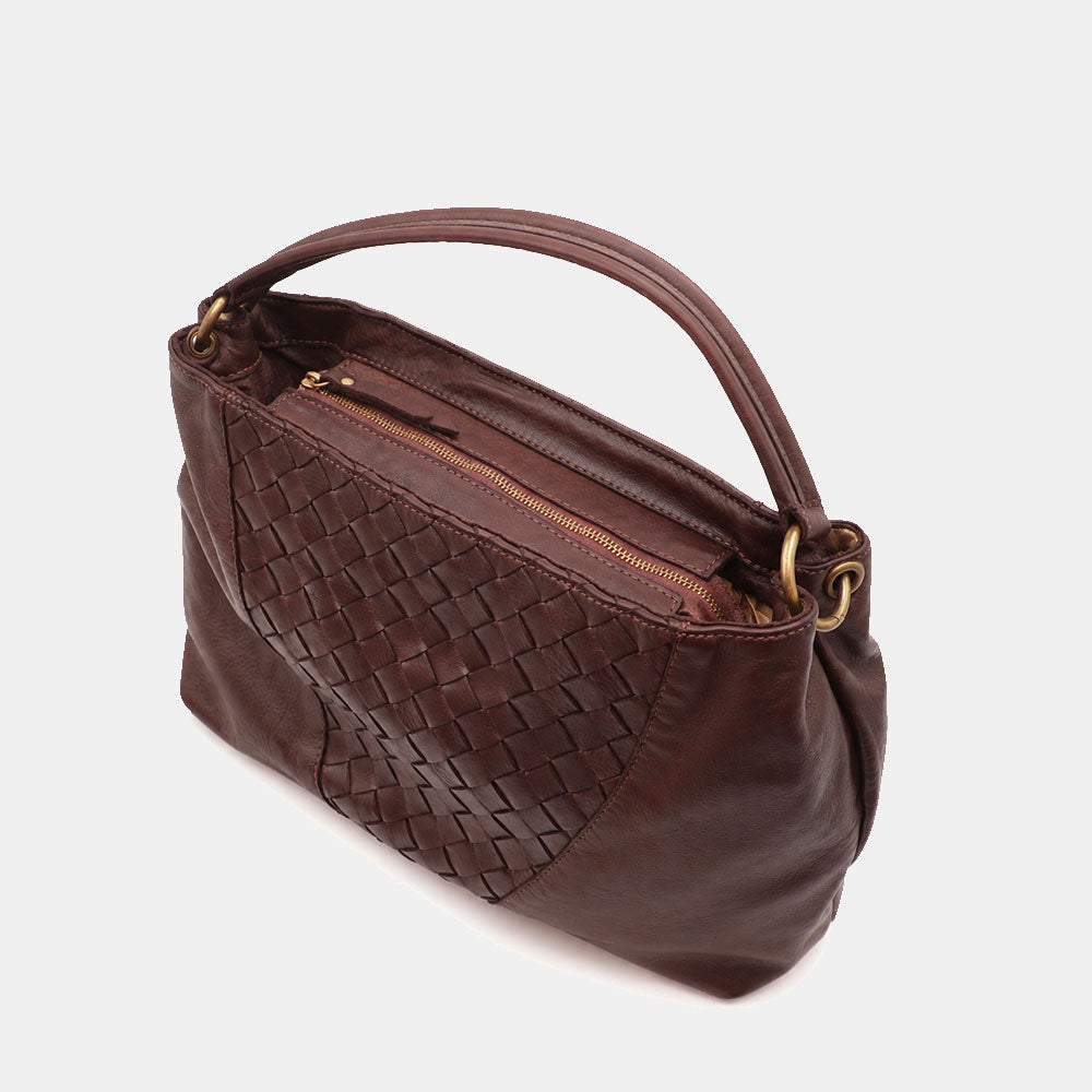 Borsa a Spalla VIAVERDI in Pelle Marrone Scuro con Intreccio Made in Italy linea Tuscany