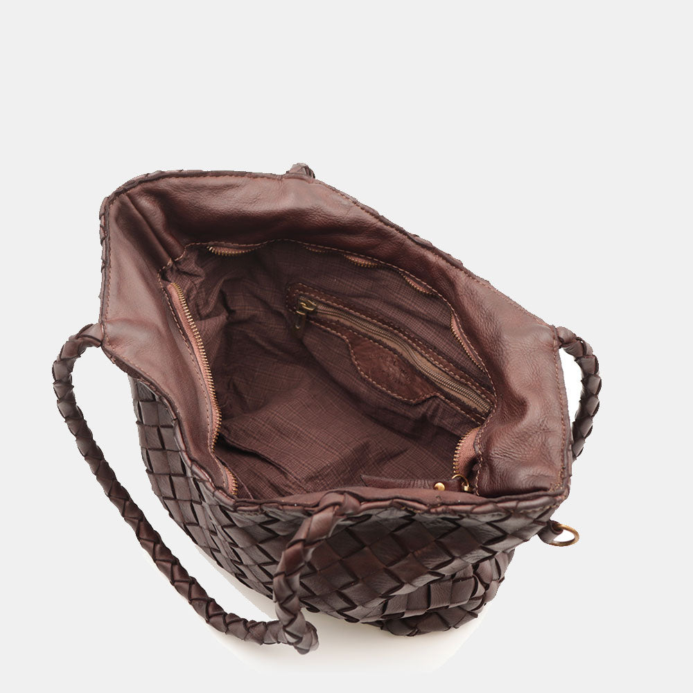 Borsa a Spalla VIAVERDI in Pelle Intrecciata Marrone Scuro Made in Italy linea Tuscany