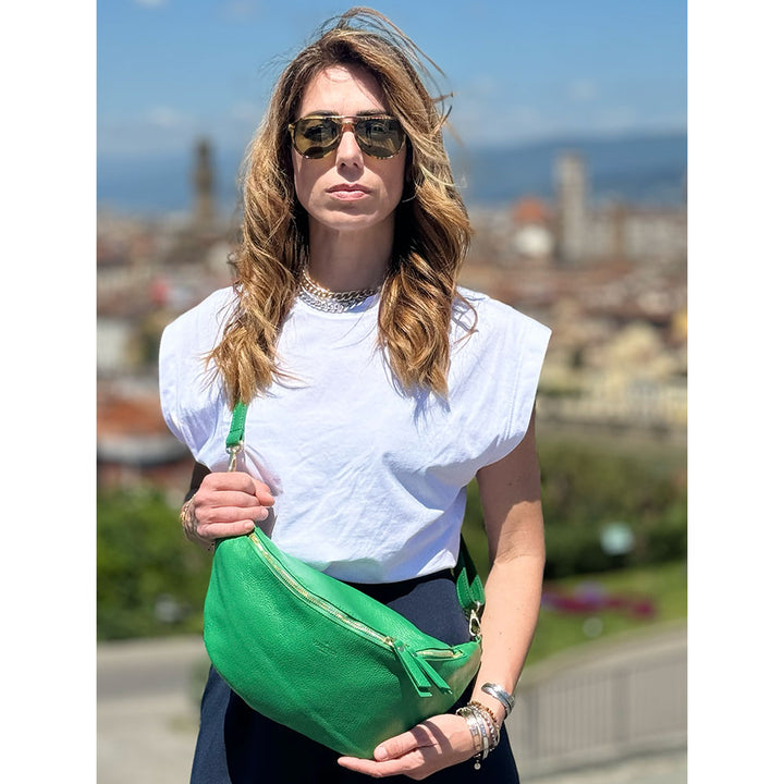 Damen-Gürteltasche aus grünem Leder mit Schultergurt VIAVERDI Made in Italy