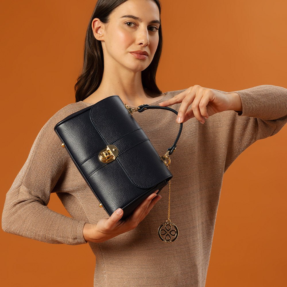 Borsa a Mano VIAVERDI in Pelle Blu Made in Italy linea Montalcino