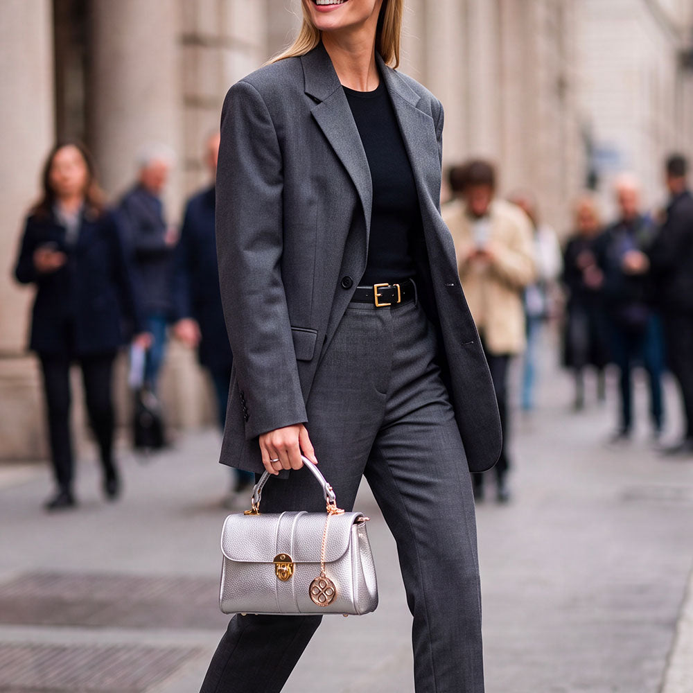 VIAVERDI Handbag in Silver Leather Made in Italy – Montalcino Collection