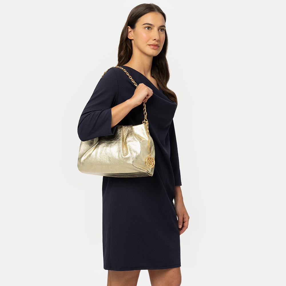 Borsa Hobo a Spalla con Catena VIAVERDI in Pelle Oro Made in Italy linea Monteriggioni