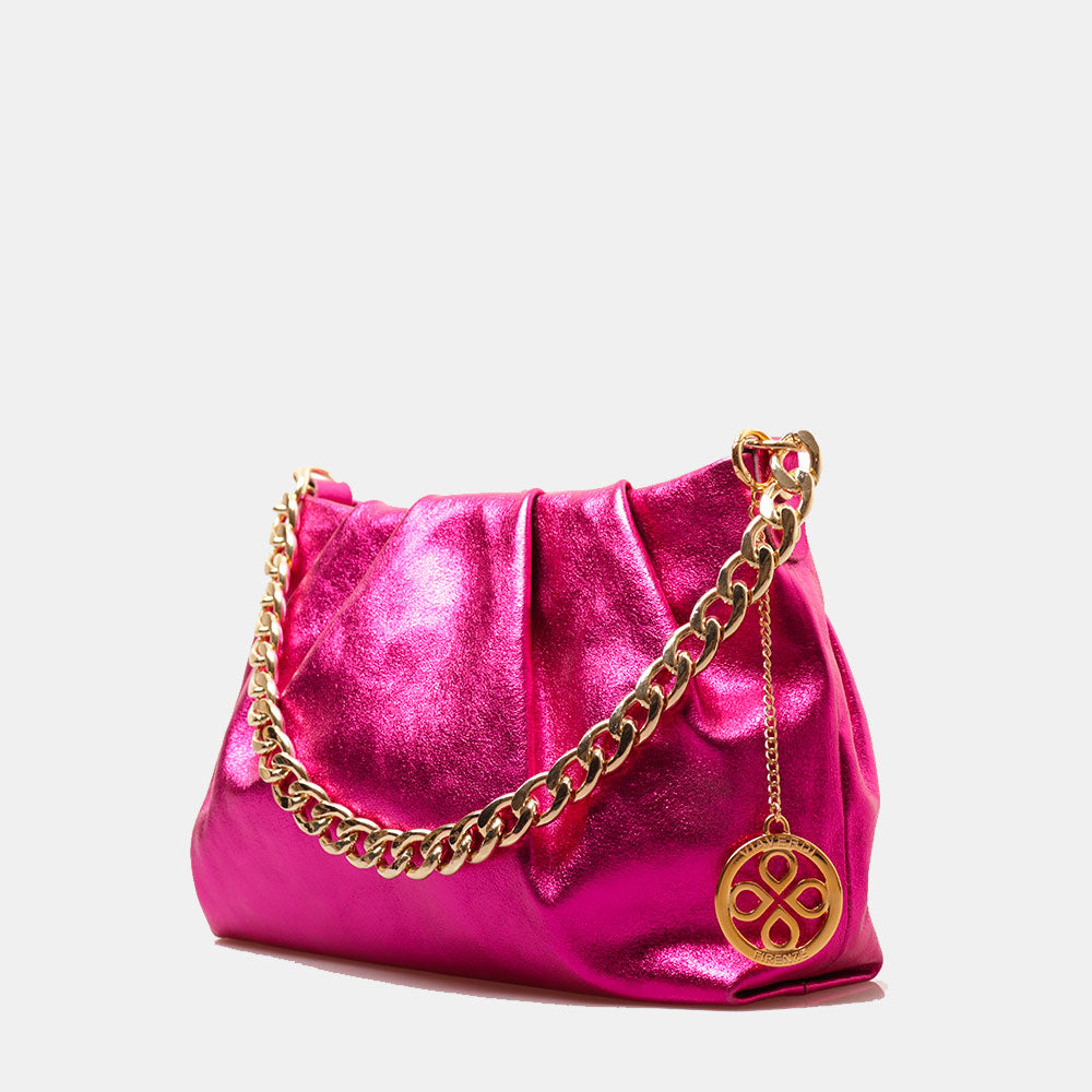 Borsa Hobo a Spalla con Catena VIAVERDI in Pelle Fucsia Metallizzato Made in Italy linea Monteriggioni