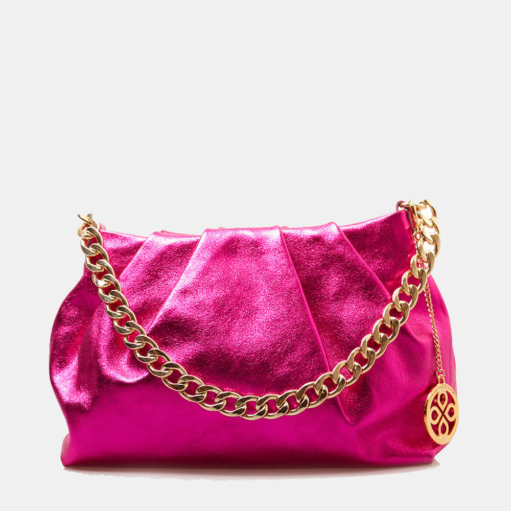Borsa Hobo a Spalla con Catena VIAVERDI in Pelle Fucsia Metallizzato Made in Italy linea Monteriggioni