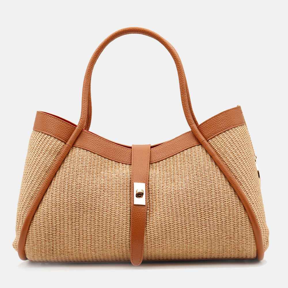 Borsa Donna a Spalla VIAVERDI in Rafia e Pelle Marrone Made in Italy linea Cortona