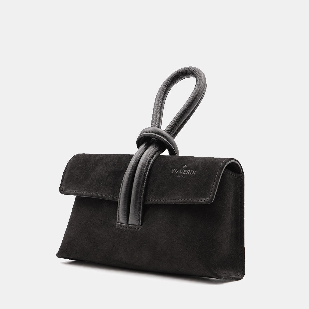 Borsa Clutch a Mano con Tracolla VIAVERDI in Camoscio Nero Made in Italy linea Castiglione