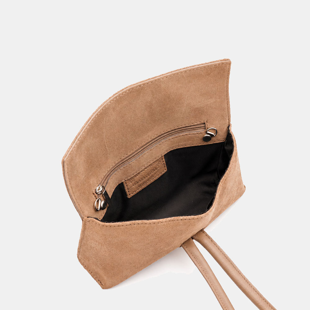 Borsa Clutch a Mano con Tracolla VIAVERDI in Camoscio Taupe Made in Italy linea Castiglione
