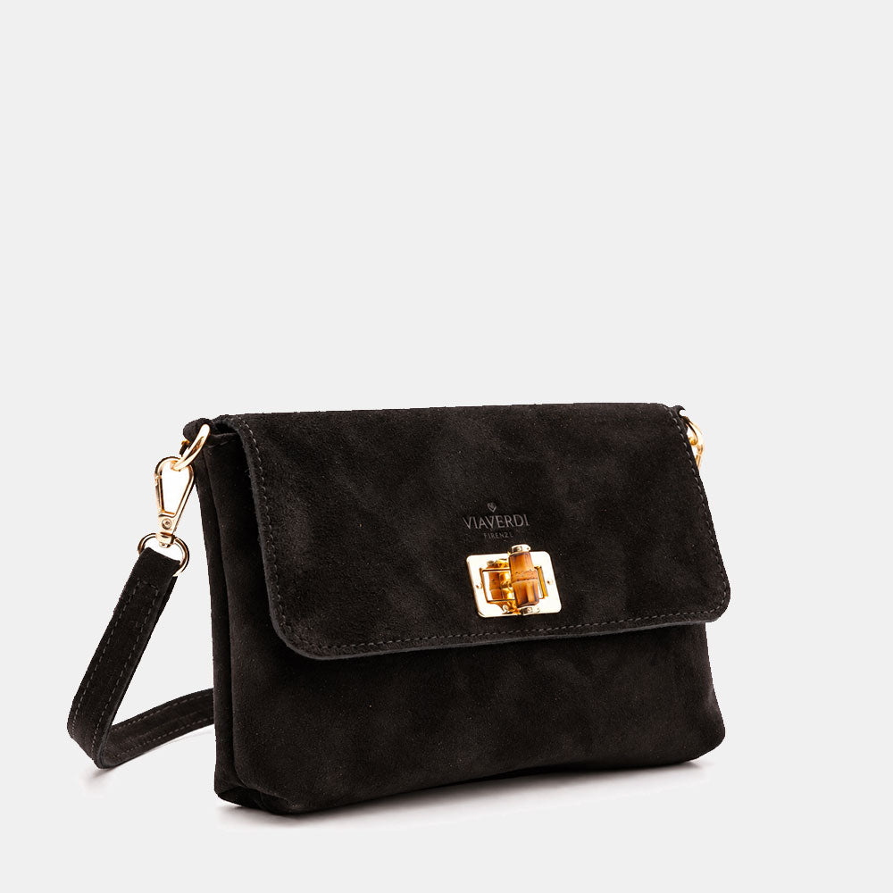 Borsa Clutch a Spalla VIAVERDI in Camoscio Nera Made in Italy linea Volterra