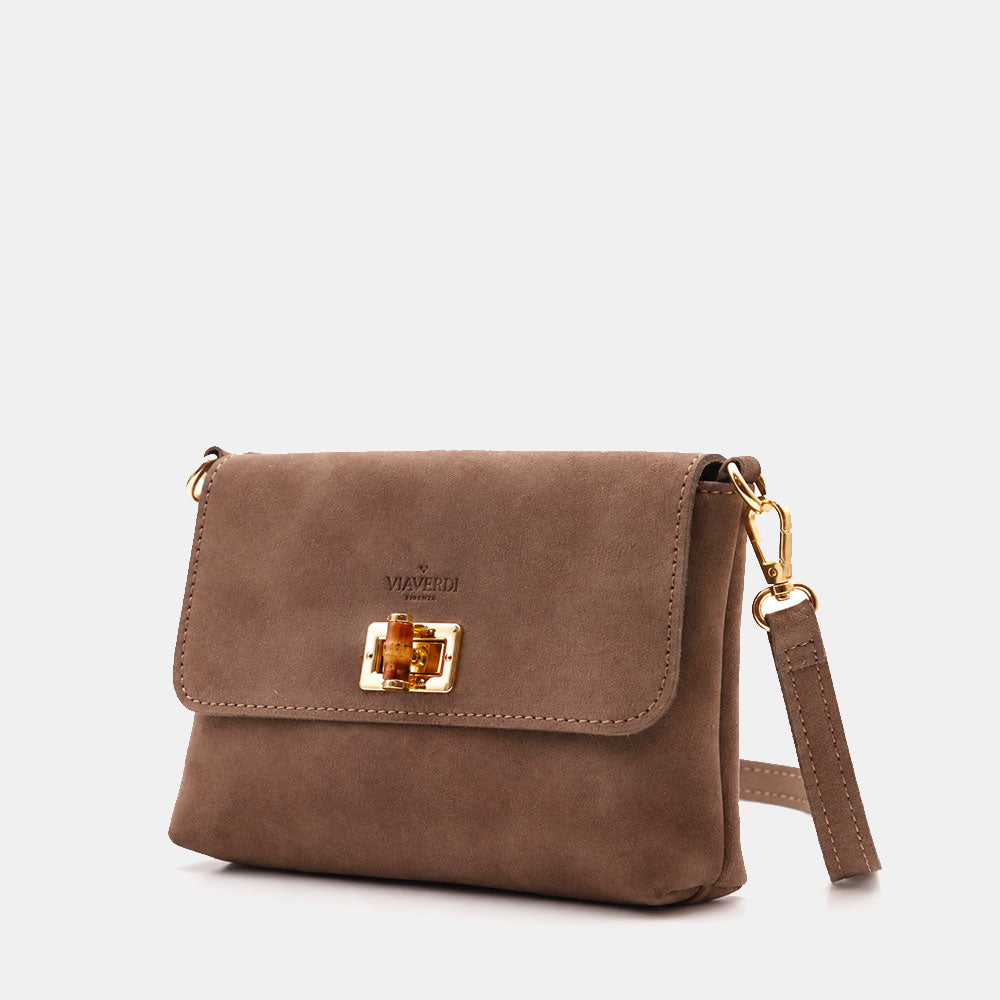 Borsa Clutch a Spalla VIAVERDI in Camoscio Taupe Made in Italy linea Volterra