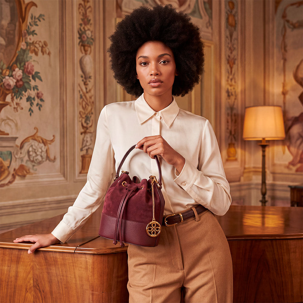 VIAVERDI Women's Bucket Bag in Bordeaux Suede and Leather, Made in Italy, Cortona Line