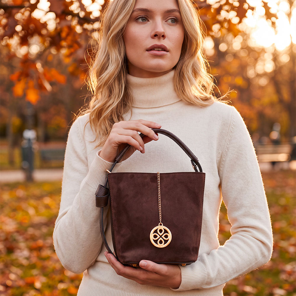 Borsa Secchiello con Pochette VIAVERDI in Camoscio e Pelle Bordeaux Made in Italy linea Pienza