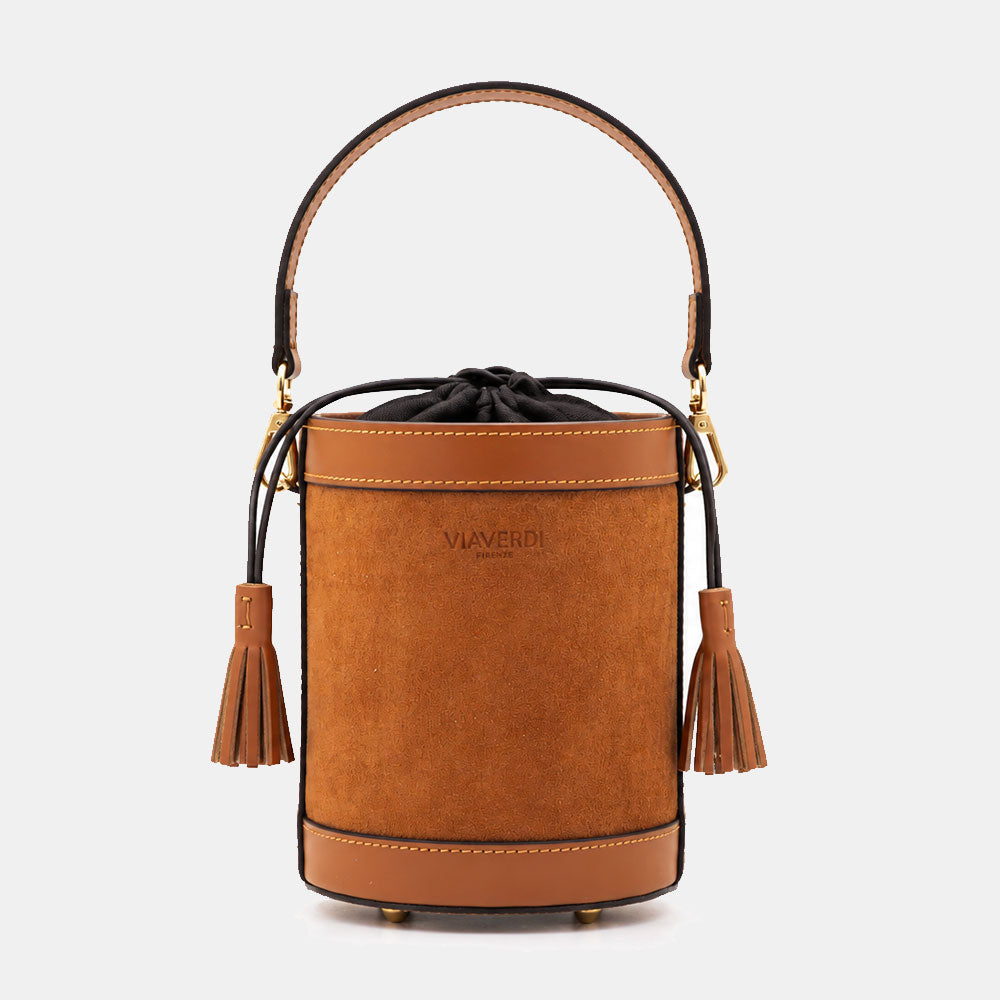 Borsa Secchiello a Mano VIAVERDI in Camoscio e Pelle Marrone Made in Italy linea Pienza