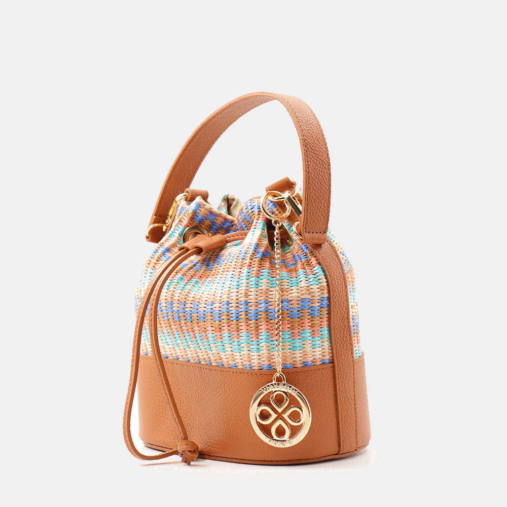 Borsa Donna a Secchiello VIAVERDI in Pelle color Cuoio e Rafia Multicolor Made in Italy Linea Pienza