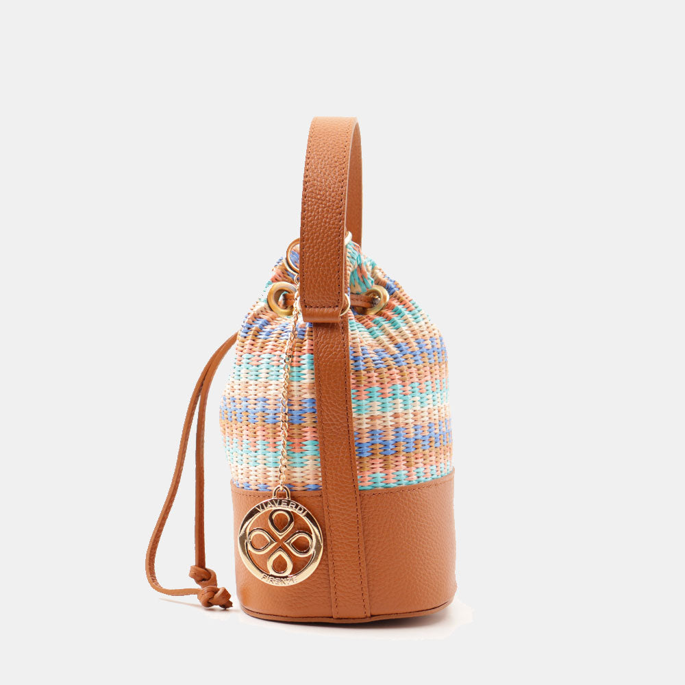 Borsa Donna a Secchiello VIAVERDI in Pelle color Cuoio e Rafia Multicolor Made in Italy Linea Pienza