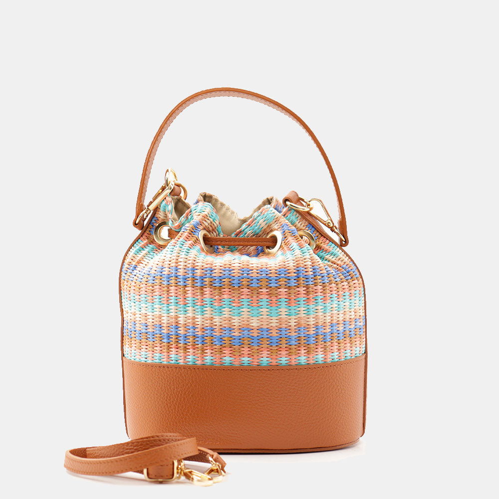 Borsa Donna a Secchiello VIAVERDI in Pelle color Cuoio e Rafia Multicolor Made in Italy Linea Pienza