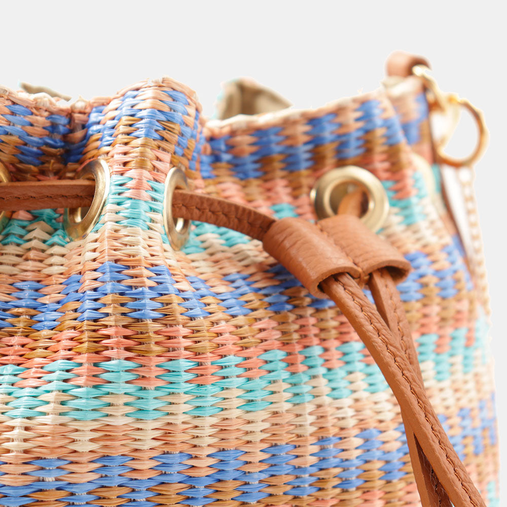 Borsa Donna a Secchiello VIAVERDI in Pelle color Cuoio e Rafia Multicolor Made in Italy Linea Pienza