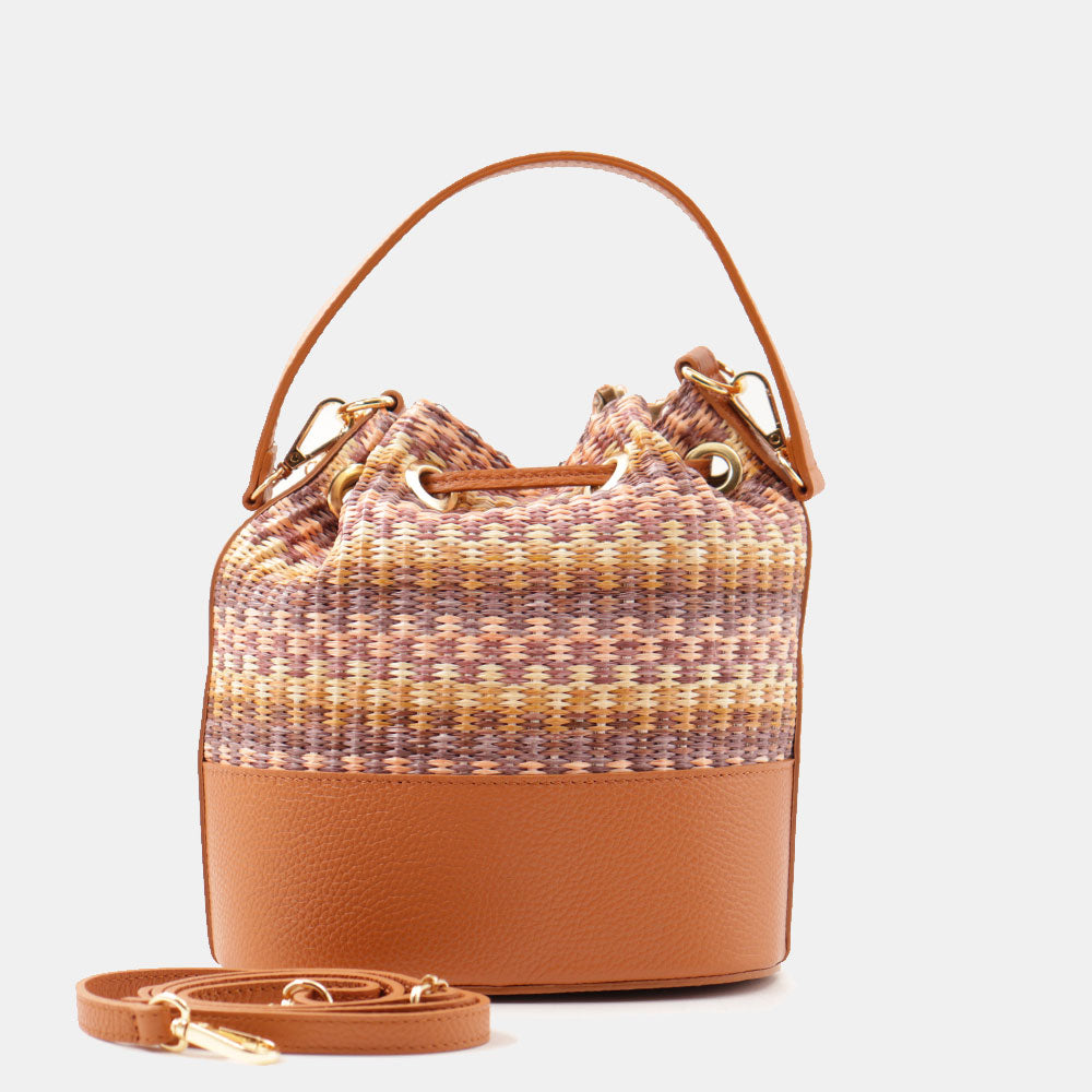 Borsa Donna a Secchiello VIAVERDI in Pelle color Cuoio e Rafia Multicolor Made in Italy Linea Pienza