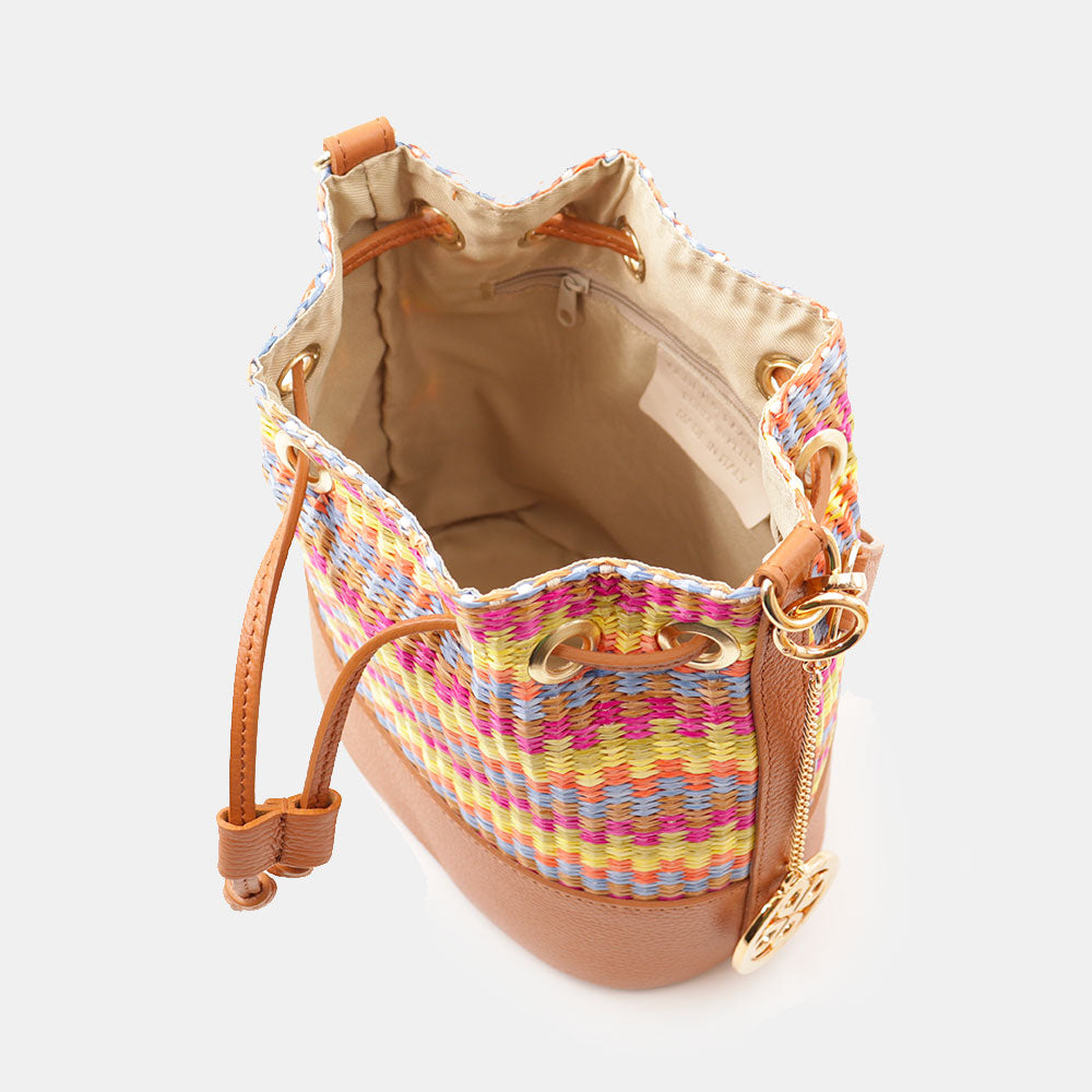 Borsa Donna a Secchiello VIAVERDI in Pelle color Cuoio e Rafia Multicolor Made in Italy Linea Pienza