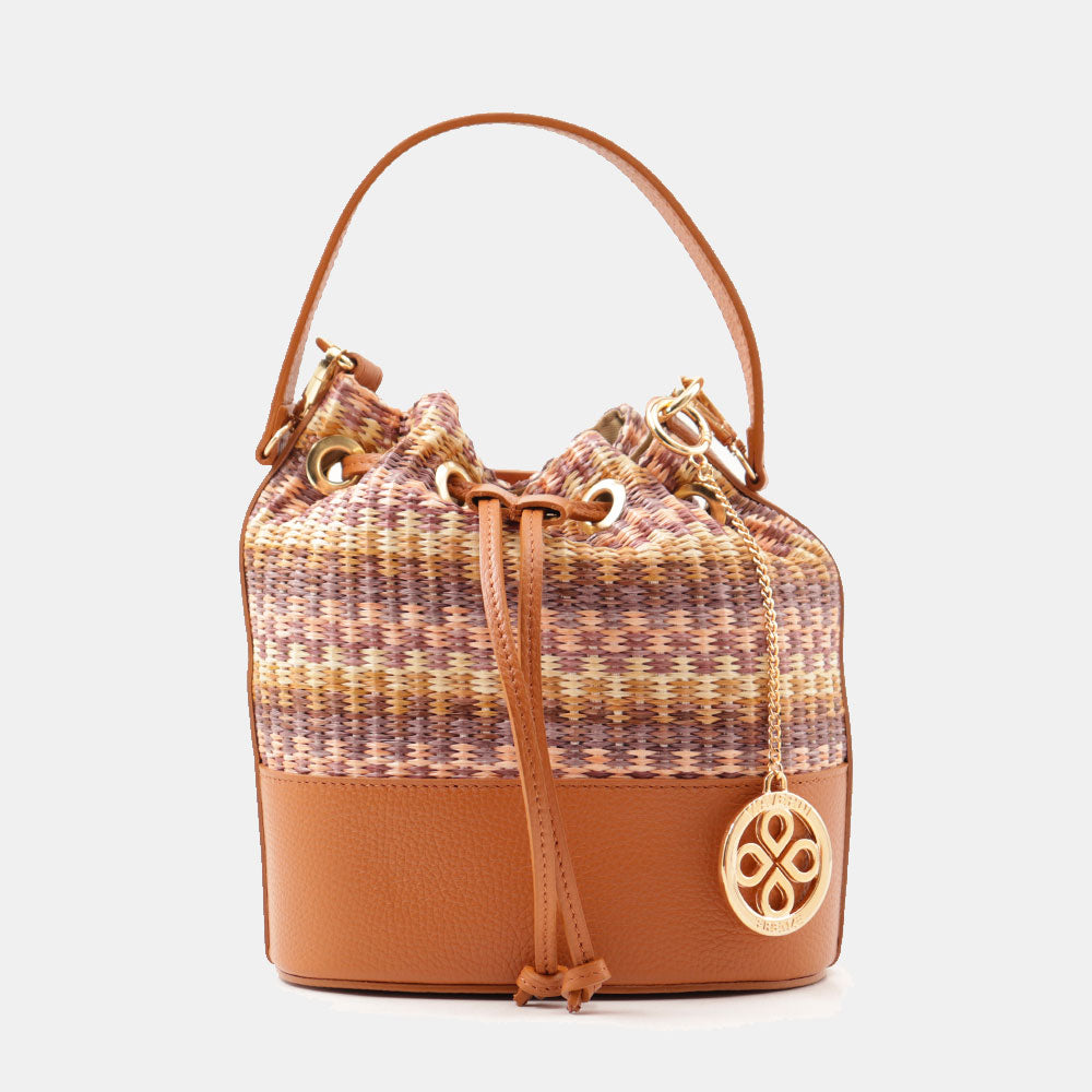 Borsa Donna a Secchiello VIAVERDI in Pelle color Cuoio e Rafia Multicolor Made in Italy Linea Pienza