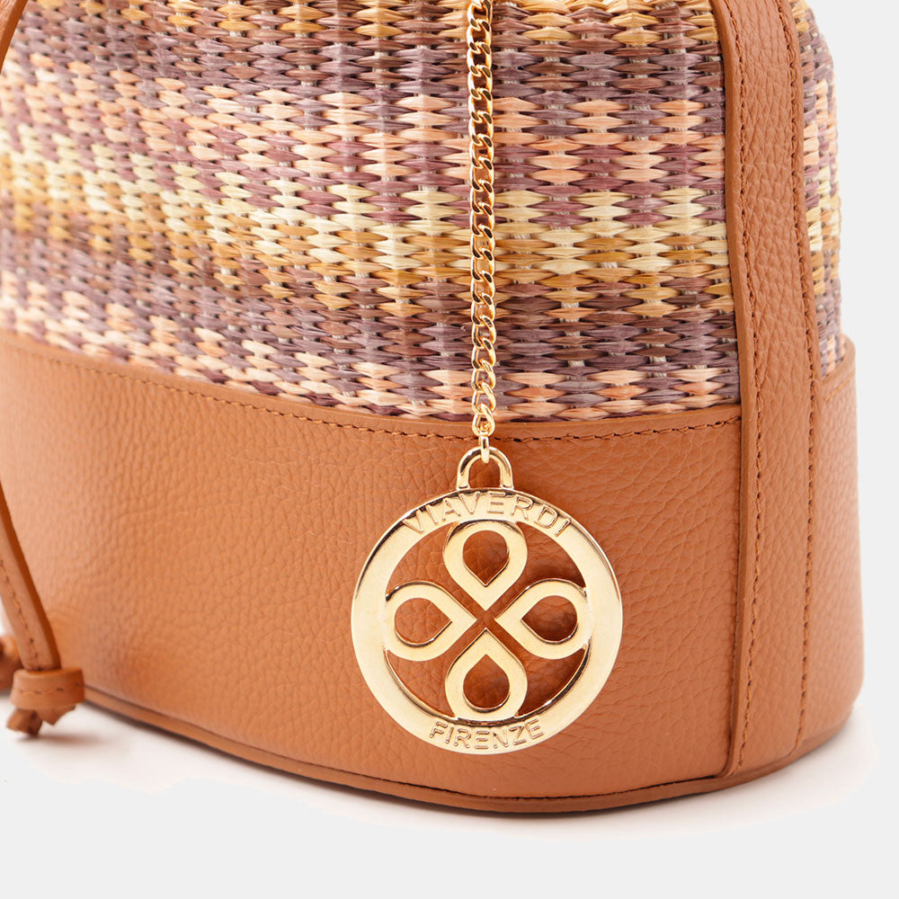 Borsa Donna a Secchiello VIAVERDI in Pelle color Cuoio e Rafia Multicolor Made in Italy Linea Pienza