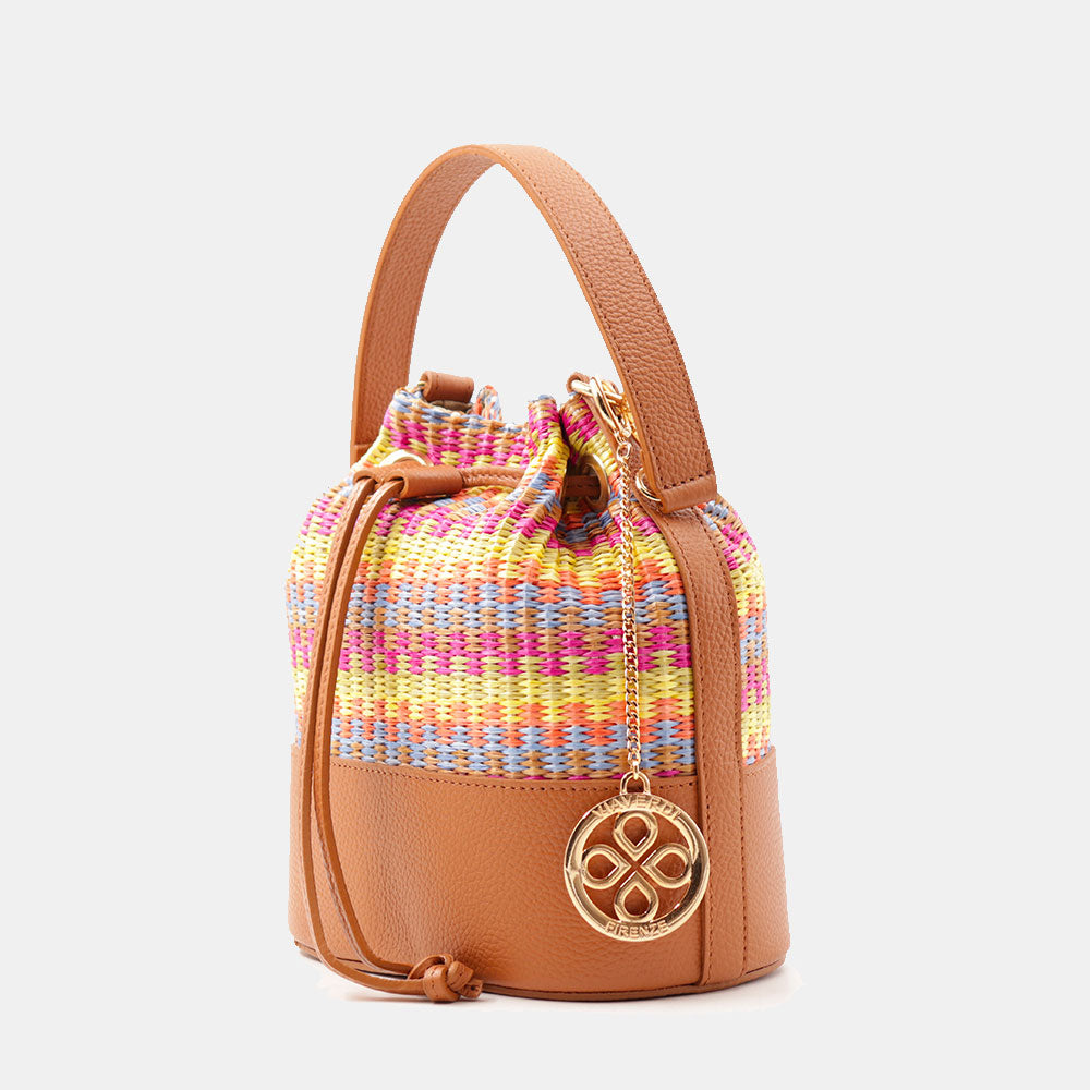 Borsa Donna a Secchiello VIAVERDI in Pelle color Cuoio e Rafia Multicolor Made in Italy Linea Pienza