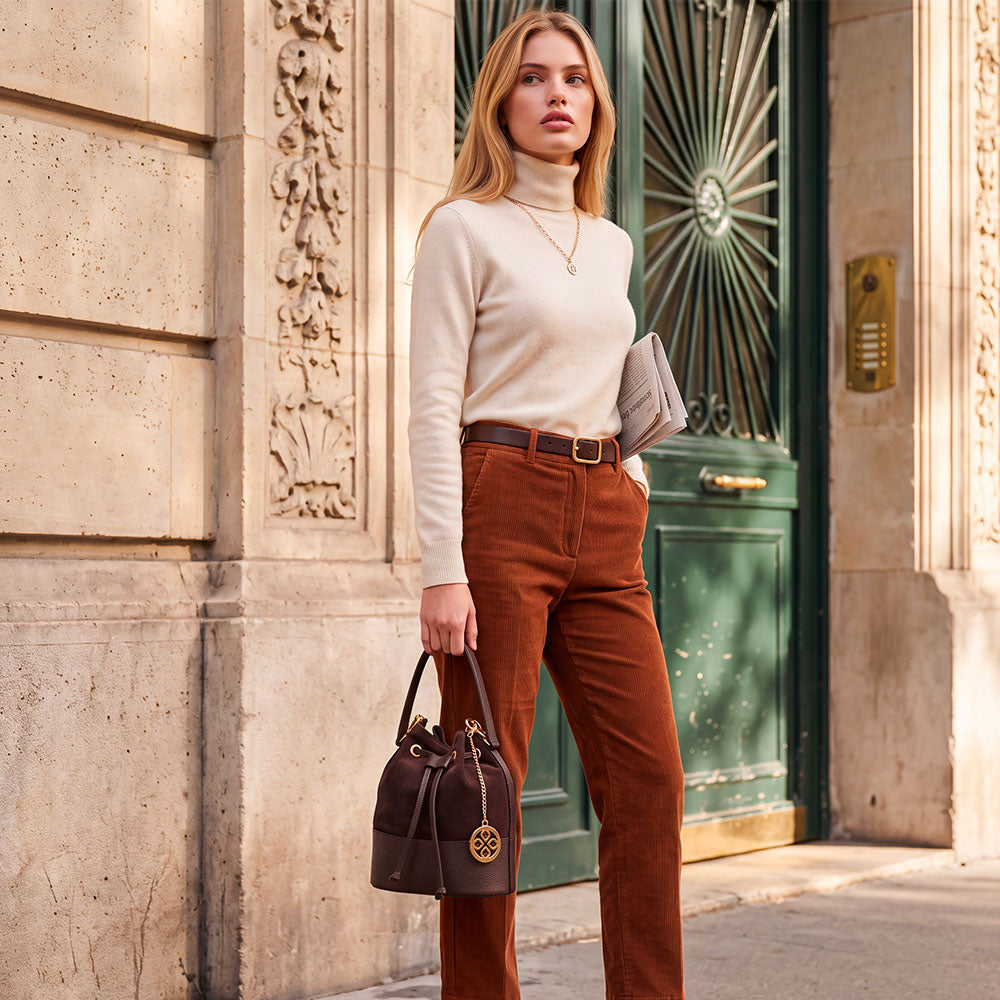 VIAVERDI Women's Bucket Bag in Dark Brown Suede and Leather, Made in Italy, Cortona Line