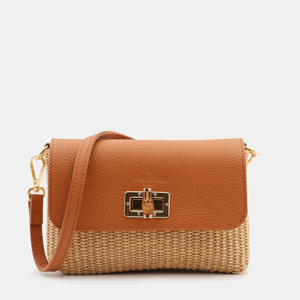 Borsa Clutch a Spalla VIAVERDI in Rafia e Pelle Color Cuoio Made in Italy linea Volterra