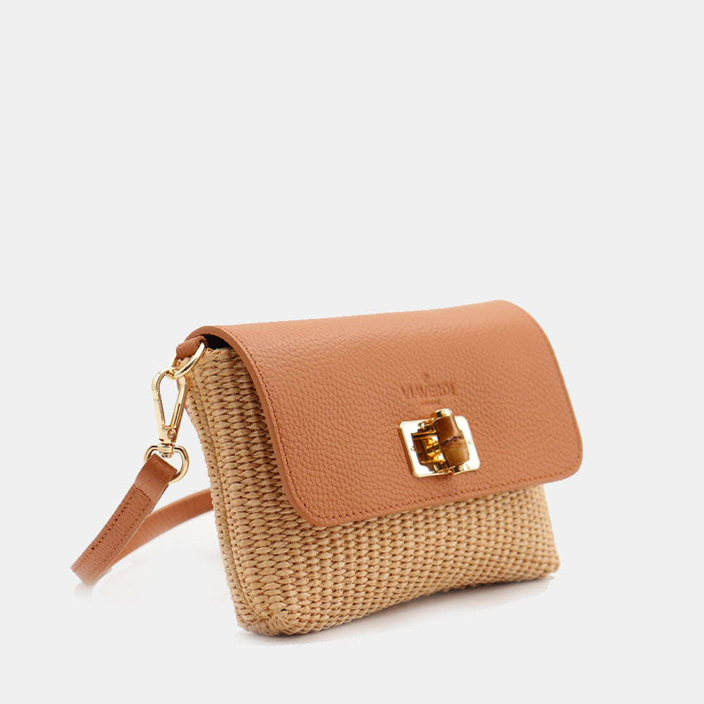 Borsa Clutch a Spalla VIAVERDI in Rafia e Pelle Color Cuoio Made in Italy linea Volterra