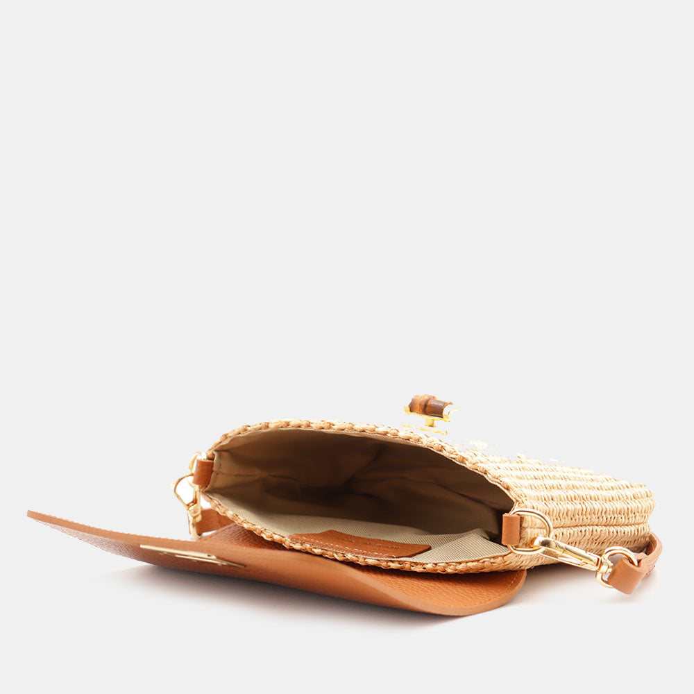 Borsa Clutch a Spalla VIAVERDI in Rafia e Pelle Color Cuoio Made in Italy linea Volterra