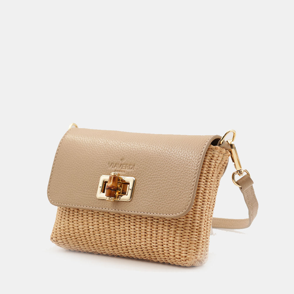 Borsa Clutch a Spalla VIAVERDI in Rafia e Pelle Taupe Made in Italy linea Volterra